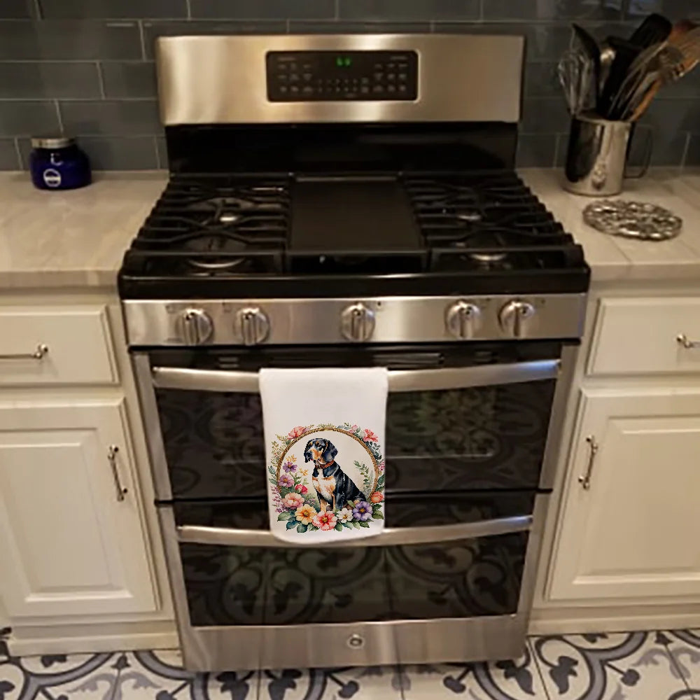 American English Coonhound and Flowers Kitchen Towel Set of 2