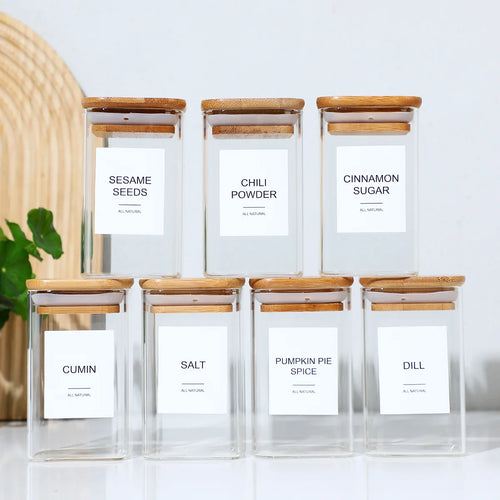 12 Pcs Square Spice Jars with 72 Stickers, Kitchen Pepper Jars for Salt Seasoning, Snacks, Tea, Coffee