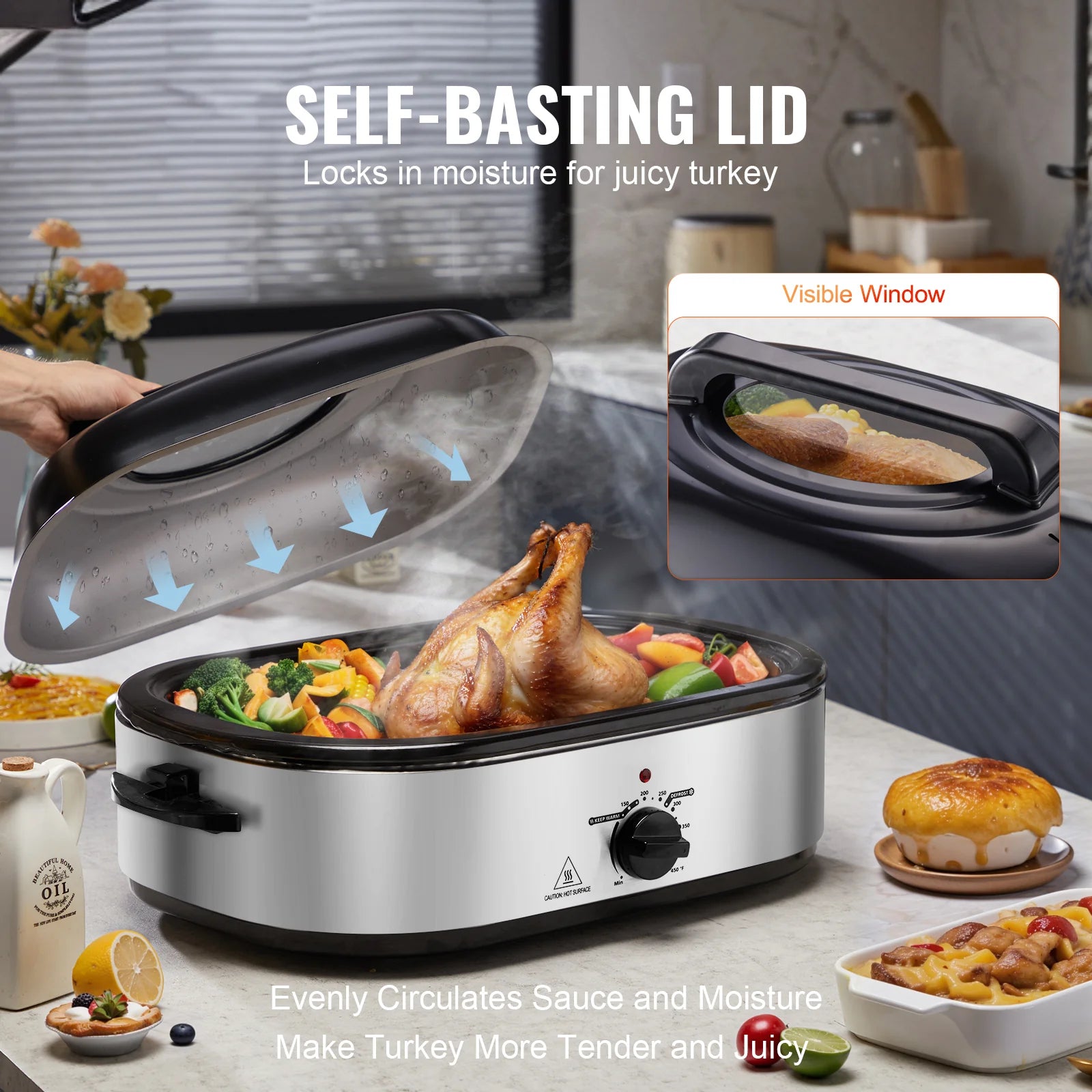 Electric Roaster Oven, 18 QT Turkey Roaster Oven with Self-Basting Lid, 1450W Roaster Oven with Defrost & Warm Function, Adjustable Temperature, Removable Pan & Rack, Fits Turkeys up to 22LBS