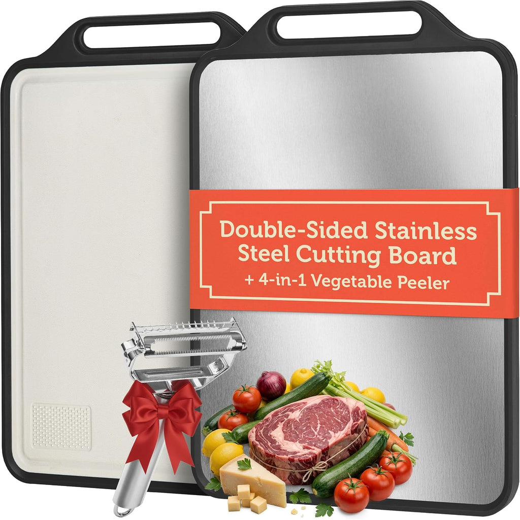 Stainless Steel Cutting Board - Non Toxic Cutting Board & Metal Cutting Board, Double-Sided Meat Cutting Board, Food-Grade PP, Juice Groove, 4-In-1 Vegetable Peeler Included, Black
