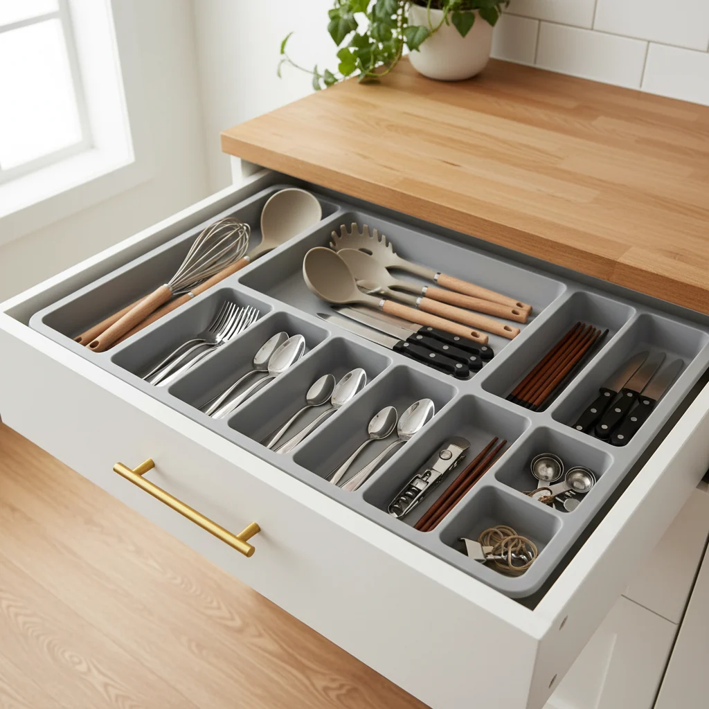 Large Expandable Kitchen Drawer Organizer | 9-Compartment Adjustable Utensil & Cutlery Tray
