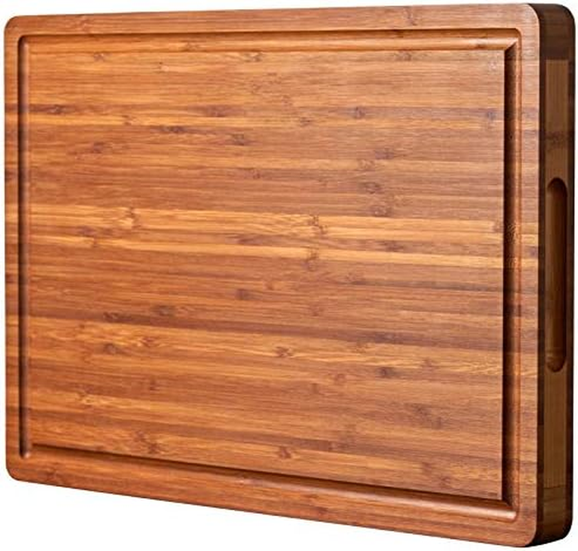 Large Wood Cutting Board for Kitchen, 1” Thick Bamboo Cheese Charcuterie Board, Butcher Chopping Block, with Juice Grooves and Handles