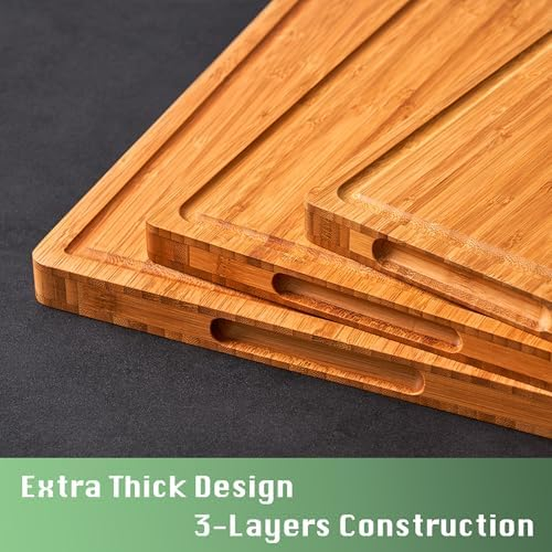 Large Wood Cutting Board for Kitchen, 1” Thick Bamboo Cheese Charcuterie Board, Butcher Chopping Block, with Juice Grooves and Handles
