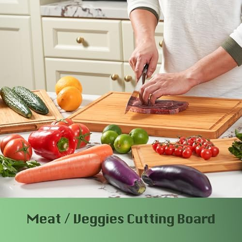 Large Wood Cutting Board for Kitchen, 1” Thick Bamboo Cheese Charcuterie Board, Butcher Chopping Block, with Juice Grooves and Handles