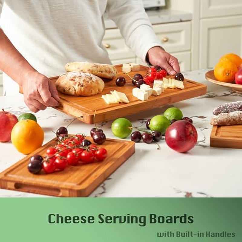 Large Wood Cutting Board for Kitchen, 1” Thick Bamboo Cheese Charcuterie Board, Butcher Chopping Block, with Juice Grooves and Handles