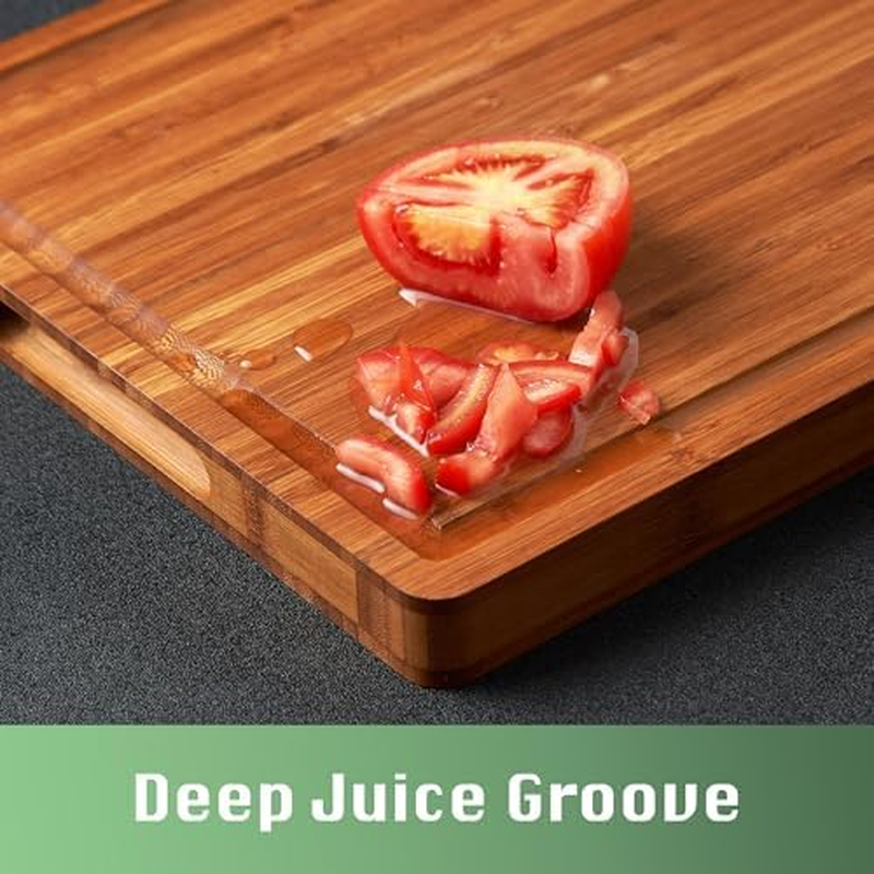 Large Wood Cutting Board for Kitchen, 1” Thick Bamboo Cheese Charcuterie Board, Butcher Chopping Block, with Juice Grooves and Handles