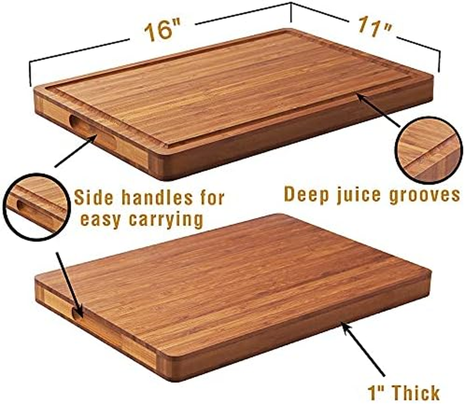 Large Wood Cutting Board for Kitchen, 1” Thick Bamboo Cheese Charcuterie Board, Butcher Chopping Block, with Juice Grooves and Handles