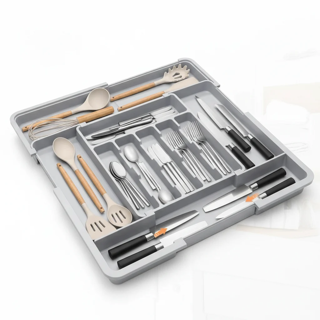 Large Expandable Kitchen Drawer Organizer | 9-Compartment Adjustable Utensil & Cutlery Tray