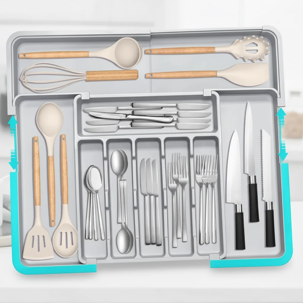 Large Expandable Kitchen Drawer Organizer | 9-Compartment Adjustable Utensil & Cutlery Tray