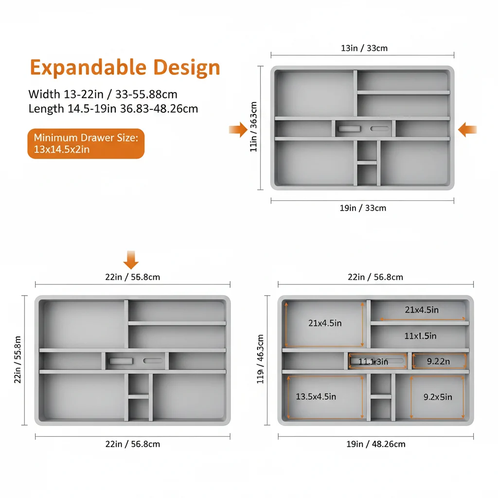 Large Expandable Kitchen Drawer Organizer | 9-Compartment Adjustable Utensil & Cutlery Tray