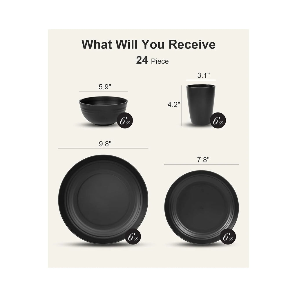 24 Piece Plates and Bowls Sets for 6, Unbreakable Dinnerware Sets, Dish Set for Camping, Dishwasher Microwave Safe, Outdoor Kitchen and Apartment Dinning RV Essentials, Black