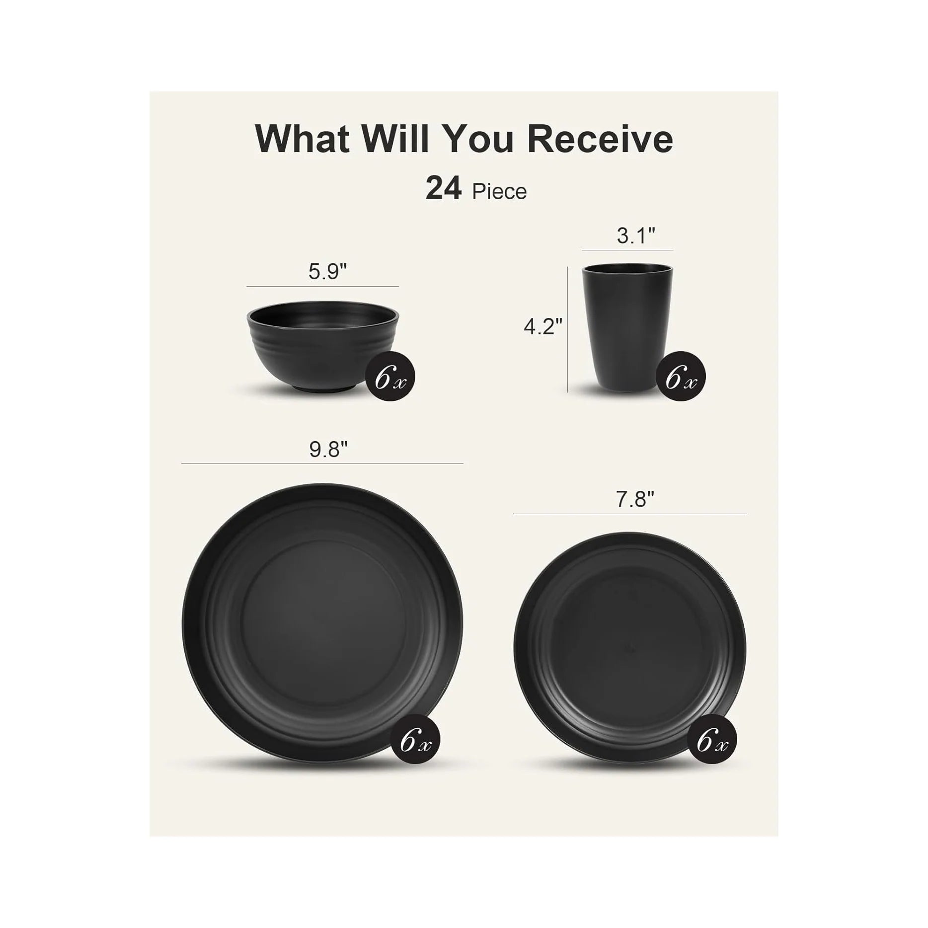 24 Piece Plates and Bowls Sets for 6, Unbreakable Dinnerware Sets, Dish Set for Camping, Dishwasher Microwave Safe, Outdoor Kitchen and Apartment Dinning RV Essentials, Black
