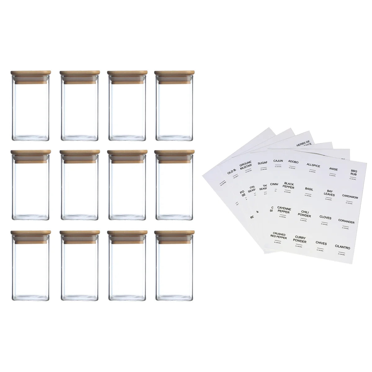 12 Pcs Square Spice Jars with 72 Stickers, Kitchen Pepper Jars for Salt Seasoning, Snacks, Tea, Coffee