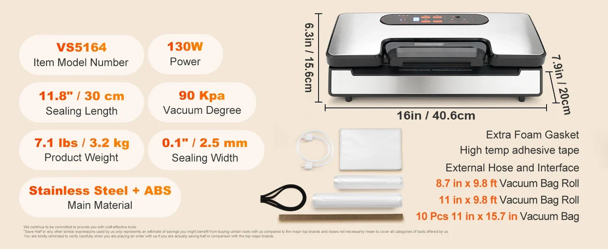 Succebuy 90Kpa 130W Vacuum Sealer Food Packaging Machine with Free 10Pcs Vacuum Bags for Household Kitchen Vacuum Food Sealing
