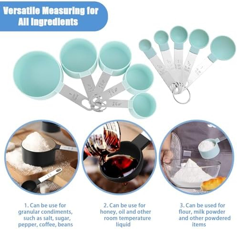 Measuring Cups and Spoons Set, 10-Piece Stackable Kitchen Tools with Stainless Steel Handles, Nesting Measurement Gadgets for Cooking & Baking (Mint Green)