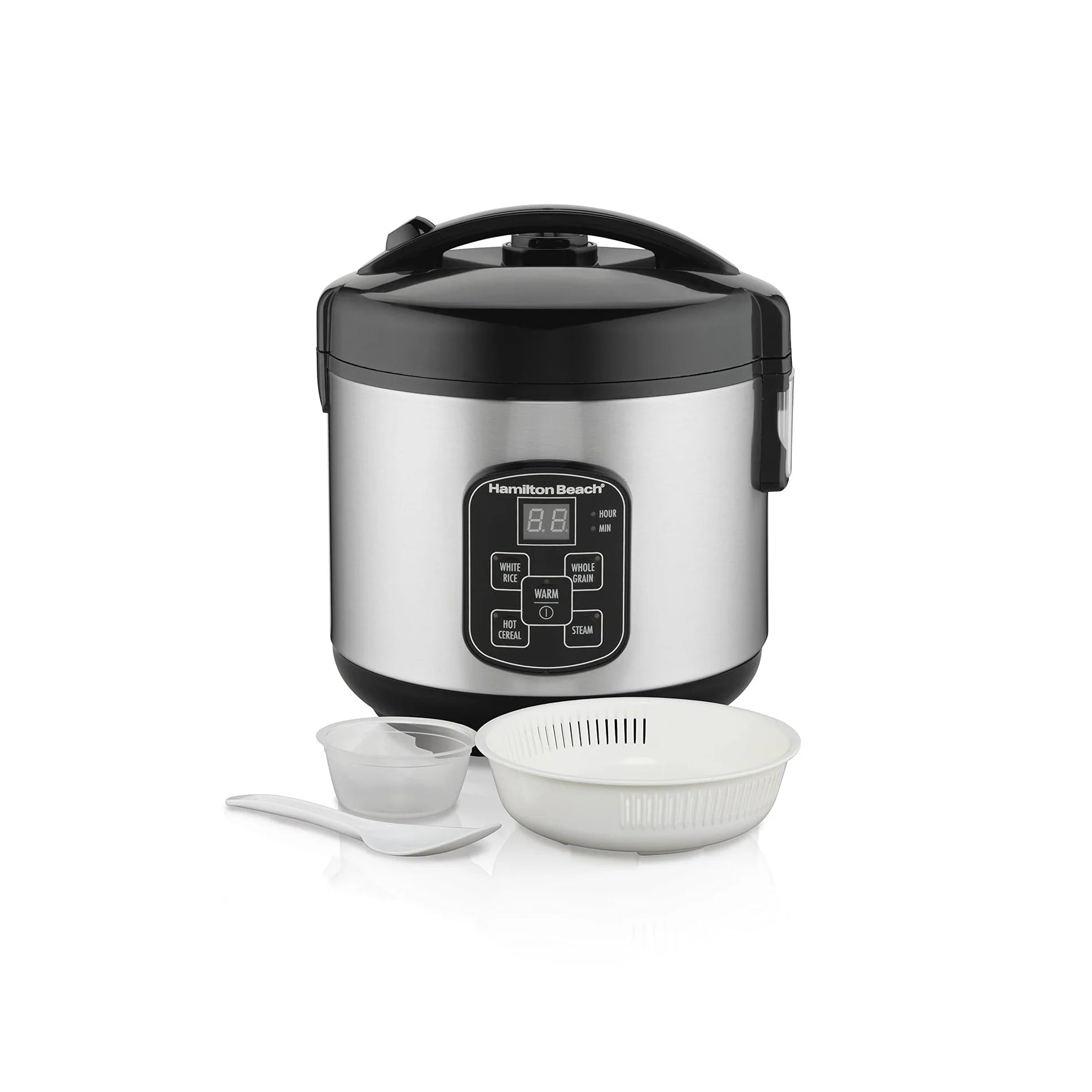 Digital Programmable Rice Cooker & Food Steamer, 8 Cups Cooked (4 Uncooked), with Steam & Rinse Basket, Stainless Steel