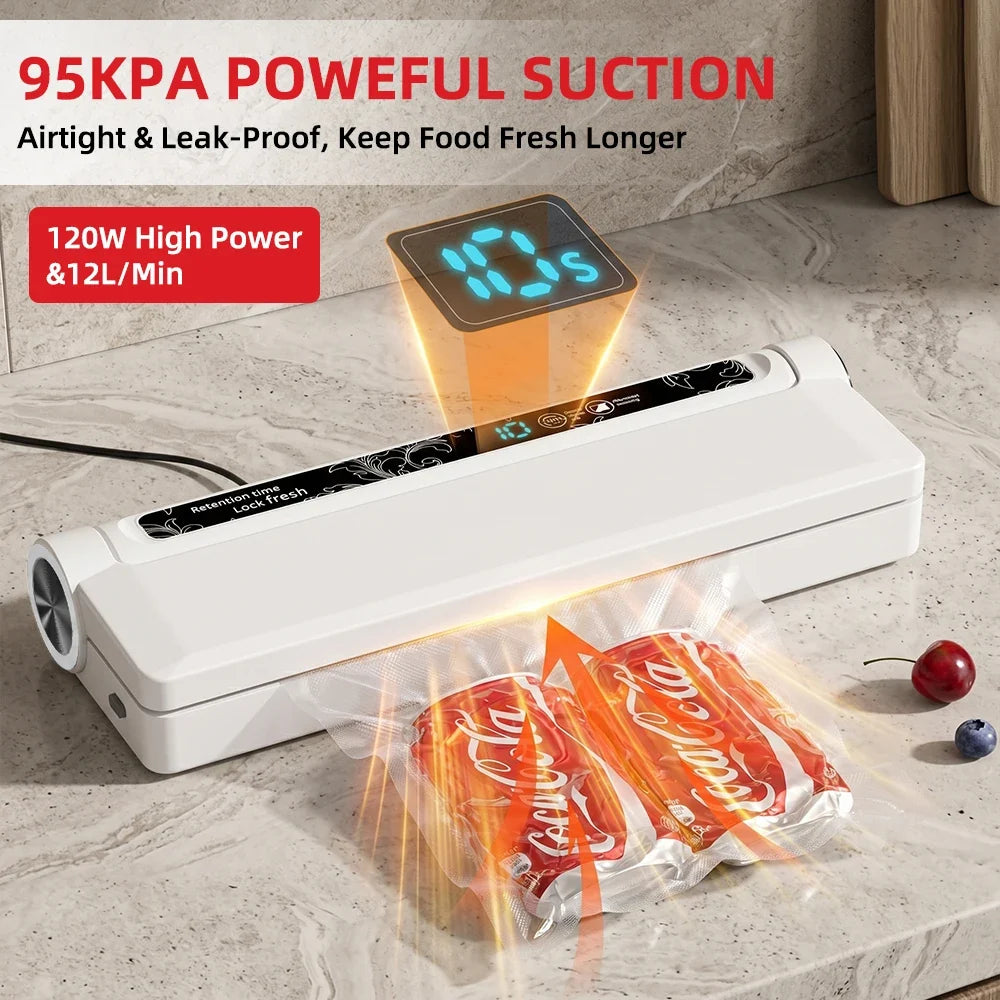 120W High Power Vacuum Sealer 95KPA Strong Suction Digital Countdown Dry & Wet Food Sealer Machine with 20Pcs Bags for Home Refrigerator Sous Vide Cooking
