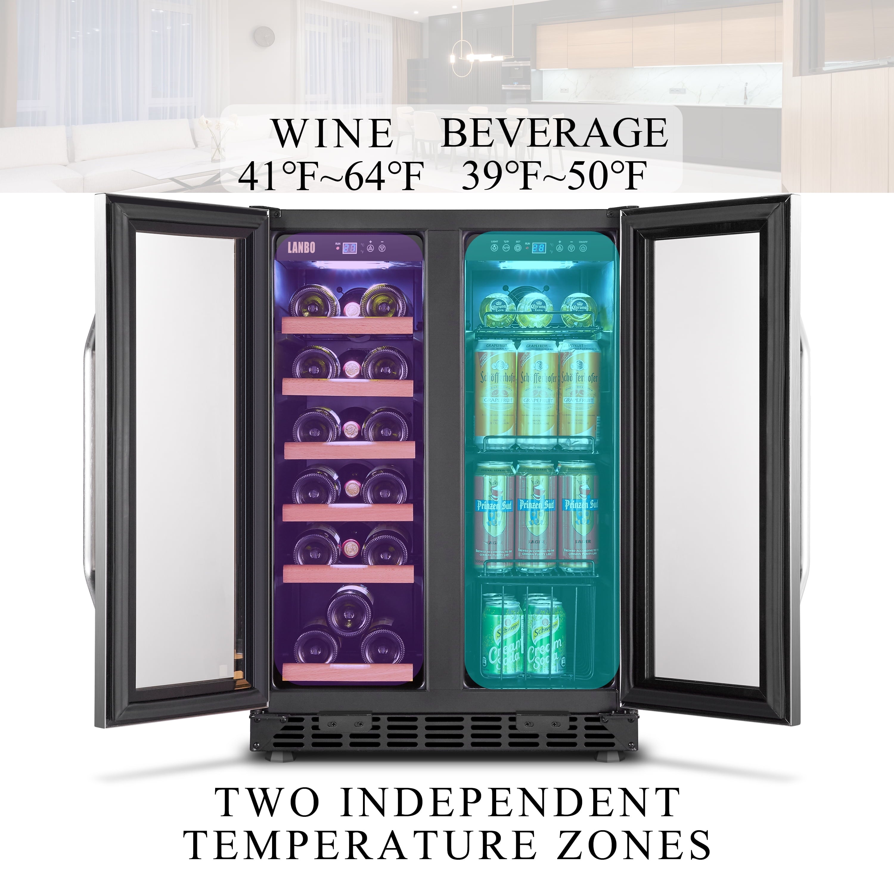 24 Inch 18 Bottle 55 Cans under Counter Dual Zone Wine Cooler Beverage Refrigerator