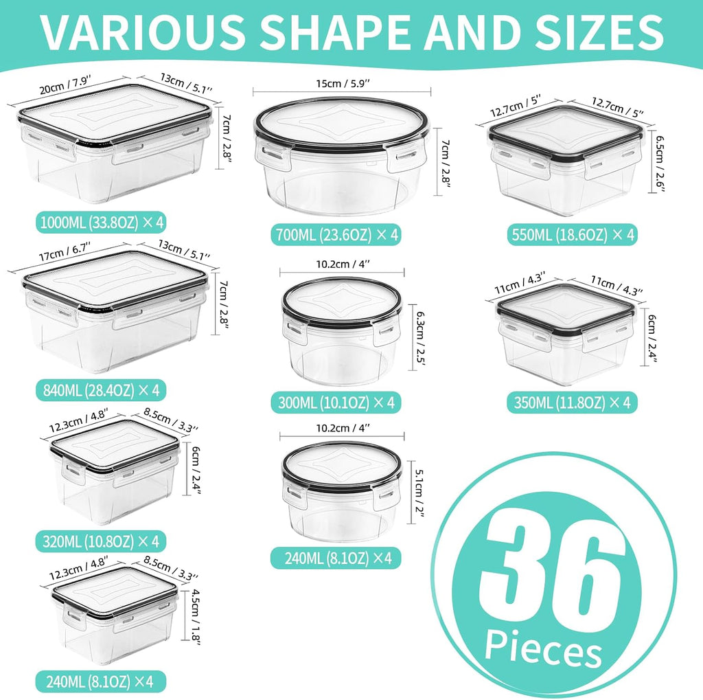 72 Piece Food Storage Containers Set with Airtight Lids (36 Containers & 36 Lids), Plastic Leak-Proof Kitchen Storage Containers for Pantry Organizers and Storage - Meal Prep, Lunch Containers