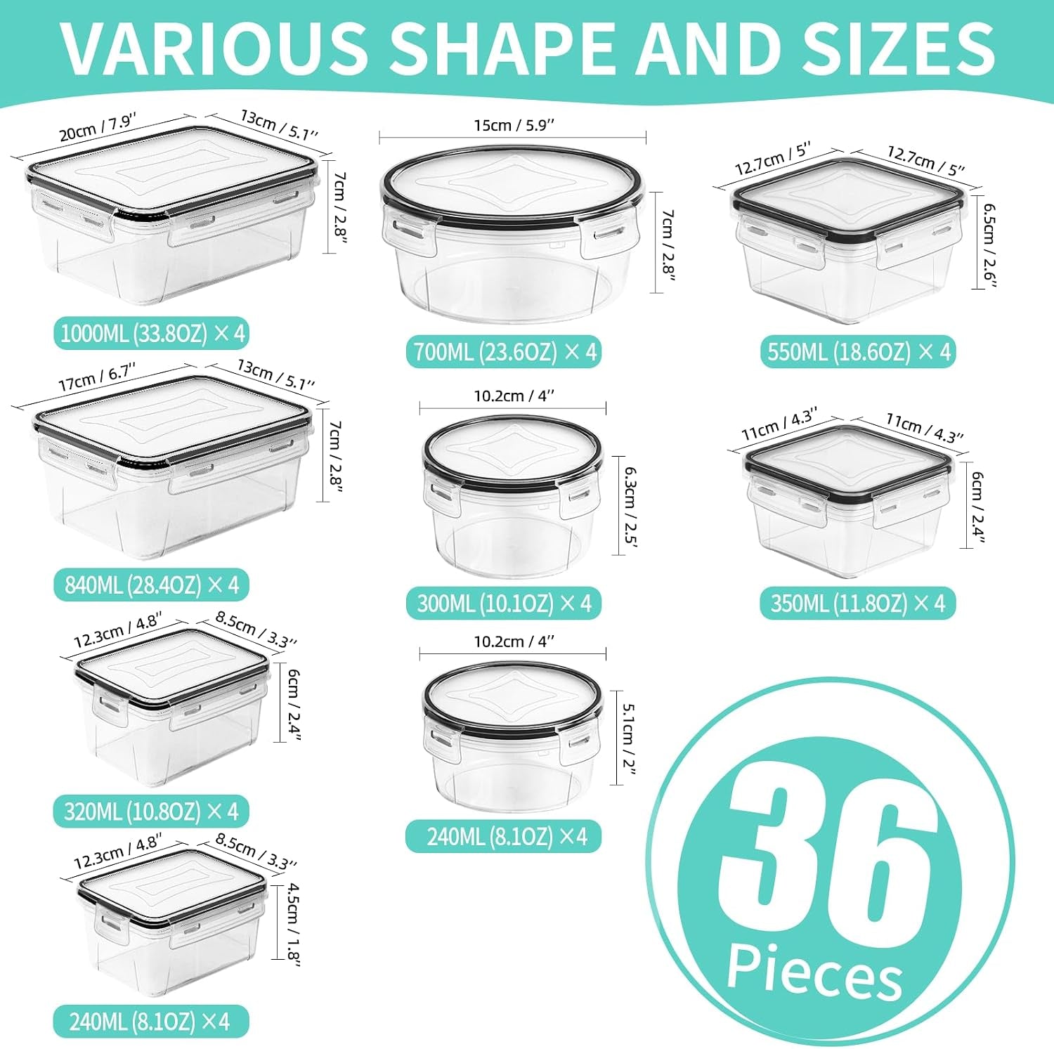 72 Piece Food Storage Containers Set with Airtight Lids (36 Containers & 36 Lids), Plastic Leak-Proof Kitchen Storage Containers for Pantry Organizers and Storage - Meal Prep, Lunch Containers