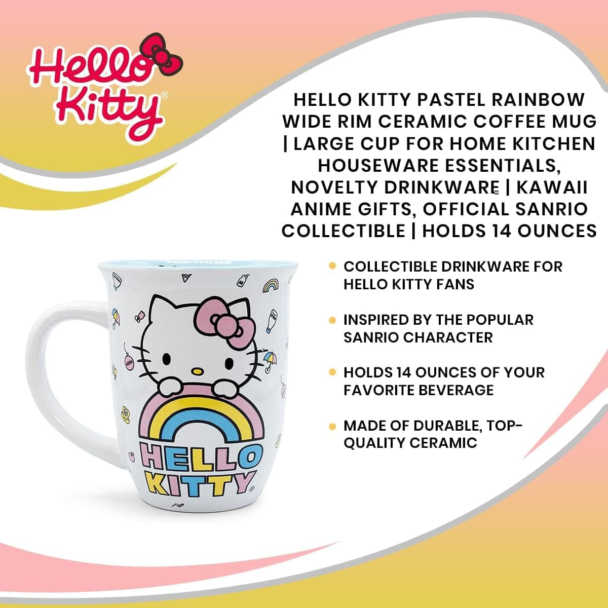 Sanrio Hello Kitty Wide Rim Ceramic Coffee Mug, 16 Ounce