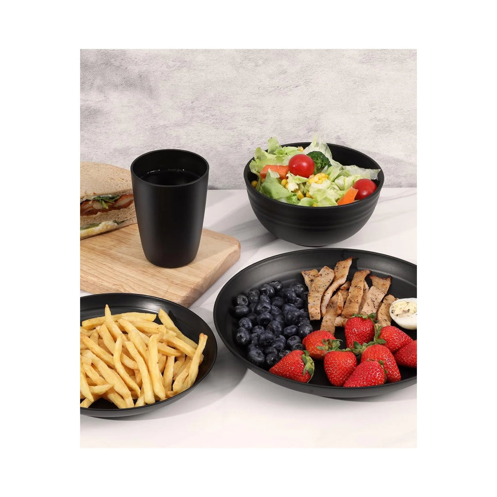 24 Piece Plates and Bowls Sets for 6, Unbreakable Dinnerware Sets, Dish Set for Camping, Dishwasher Microwave Safe, Outdoor Kitchen and Apartment Dinning RV Essentials, Black