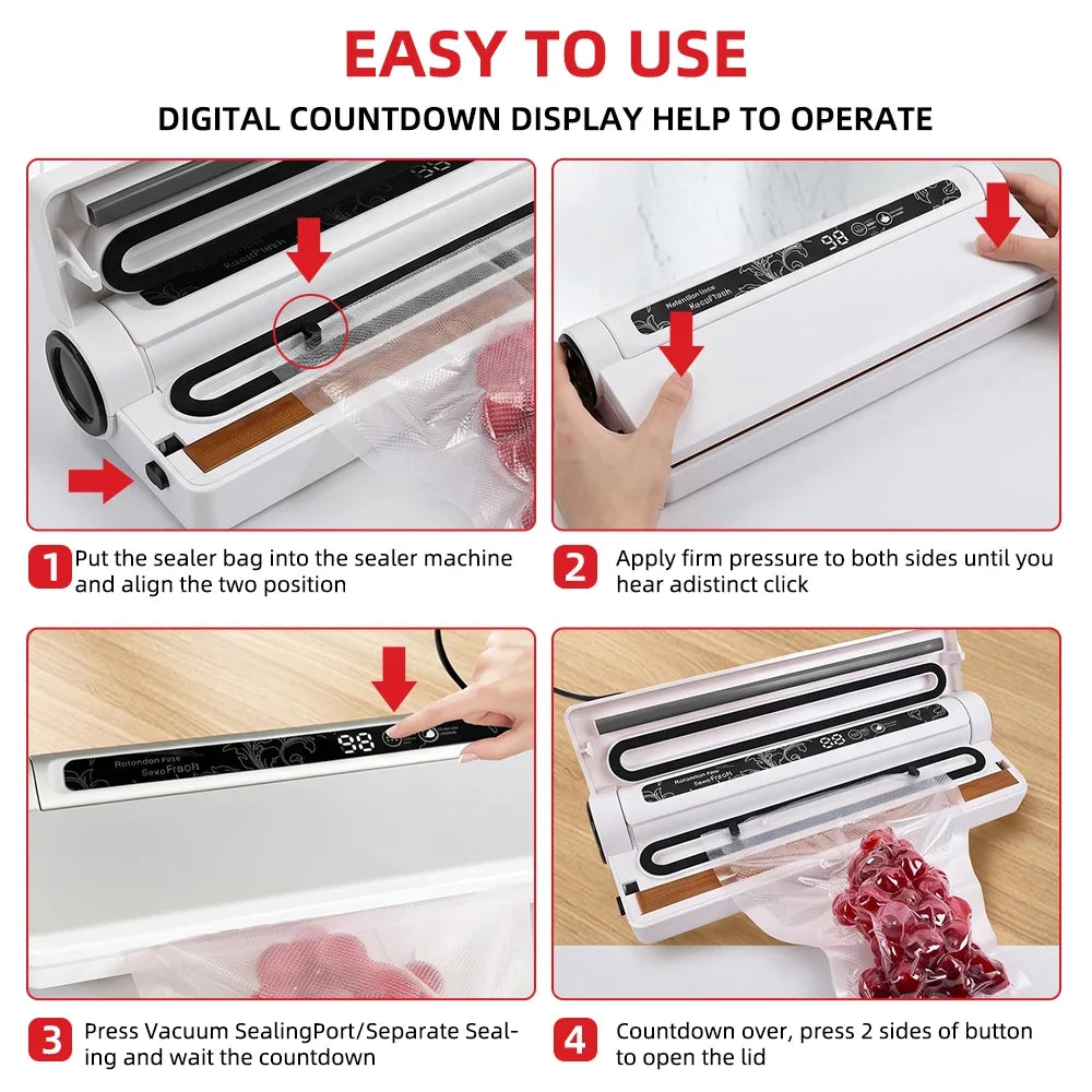 120W High Power Vacuum Sealer 95KPA Strong Suction Digital Countdown Dry & Wet Food Sealer Machine with 20Pcs Bags for Home Refrigerator Sous Vide Cooking