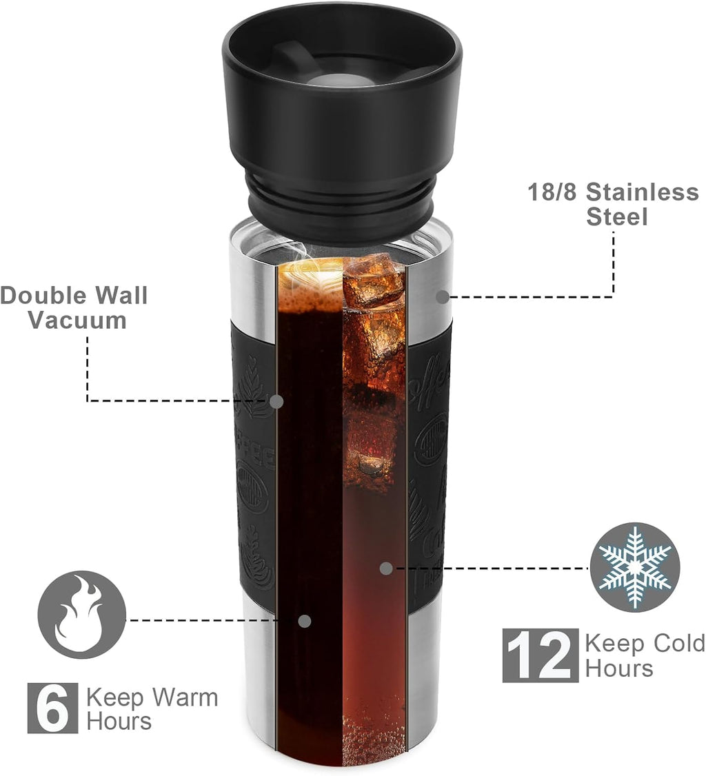 Travel Coffee Mug with 360°Lid, Travel Coffee Tumbler 16 Oz Leak Proof, Stainless Steel Insulated Travel Mugs for Hot and Cold Spill Proof Leak Proof(Black)