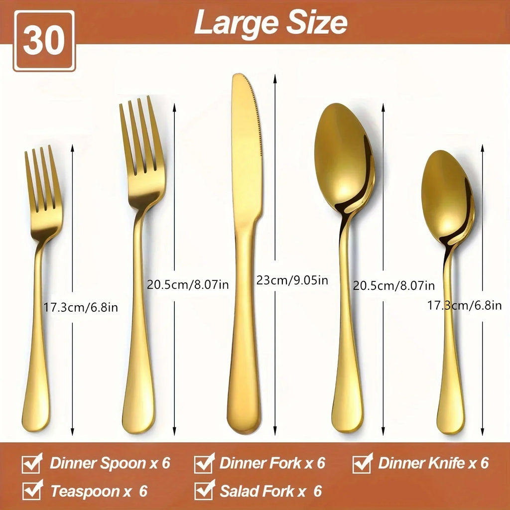 30/60-Piece Luxury Golden Flatware Set, Stainless Steel Cutlery Includes Dinner Spoons,Dinner Forks, Salad Forks, Dinner Knives