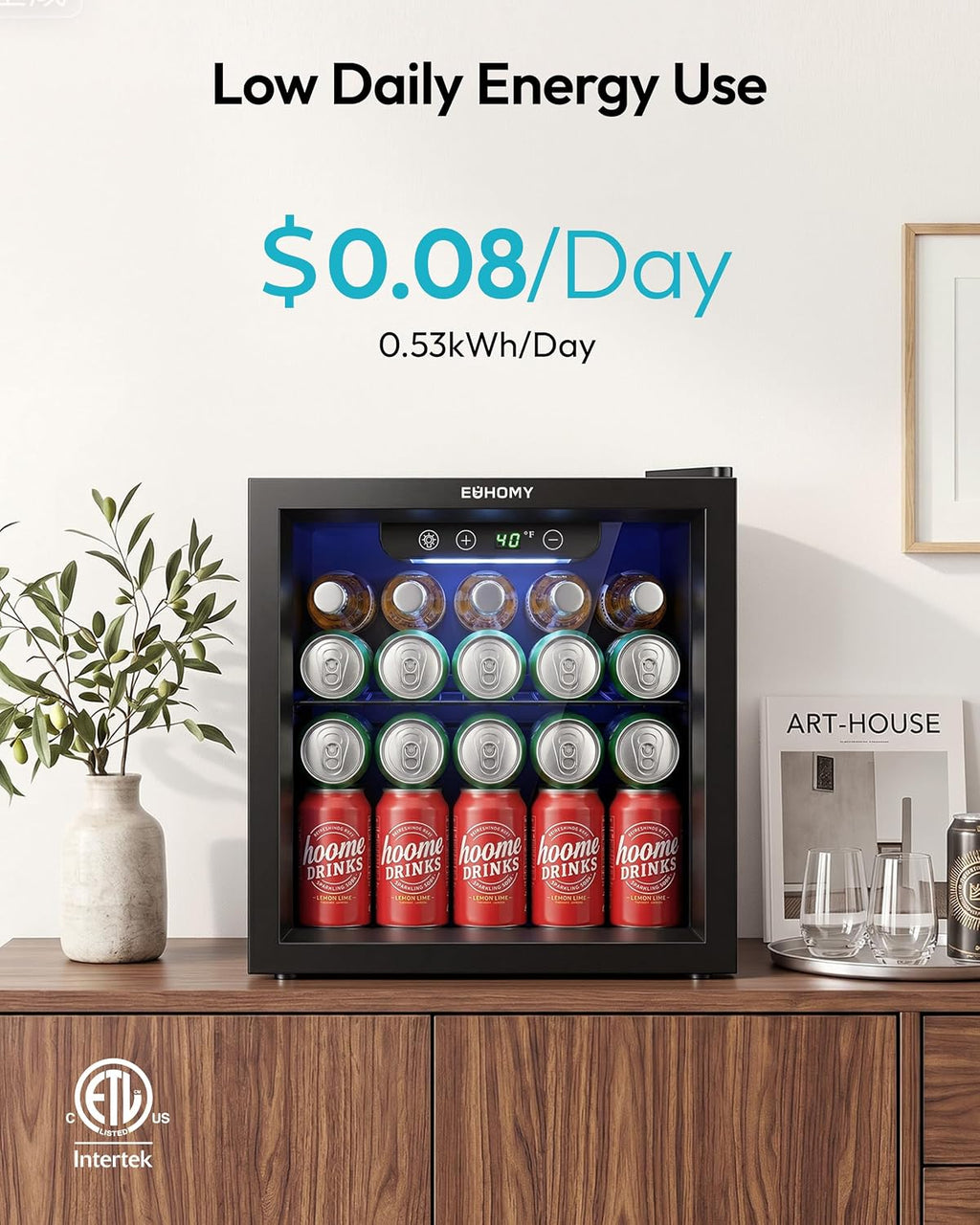 48 Can Mini Fridge, 1.3 Cu.Ft Beverage Refrigerator with Glass Door