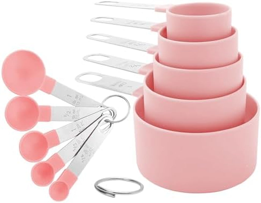 Measuring Cups and Spoons Set, 10-Piece Stackable Kitchen Tools with Stainless Steel Handles, Nesting Measurement Gadgets for Cooking & Baking (Pink)