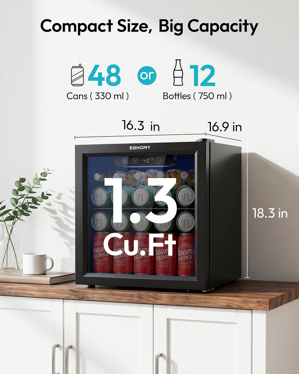 48 Can Mini Fridge, 1.3 Cu.Ft Beverage Refrigerator with Glass Door
