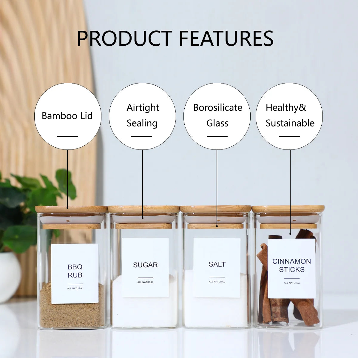 12 Pcs Square Spice Jars with 72 Stickers, Kitchen Pepper Jars for Salt Seasoning, Snacks, Tea, Coffee