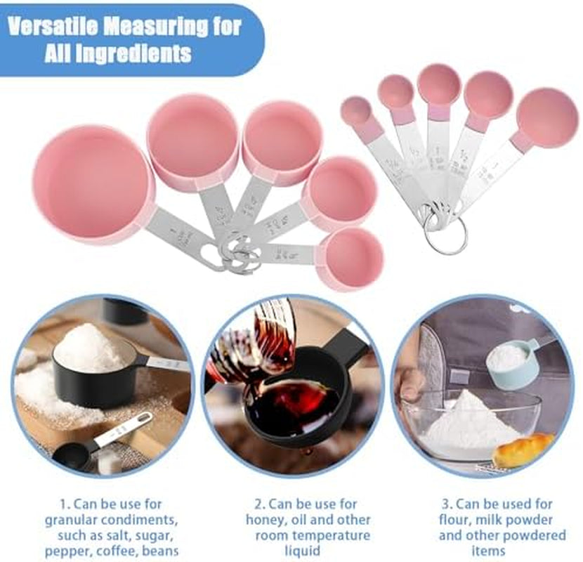 Measuring Cups and Spoons Set, 10-Piece Stackable Kitchen Tools with Stainless Steel Handles, Nesting Measurement Gadgets for Cooking & Baking (Pink)