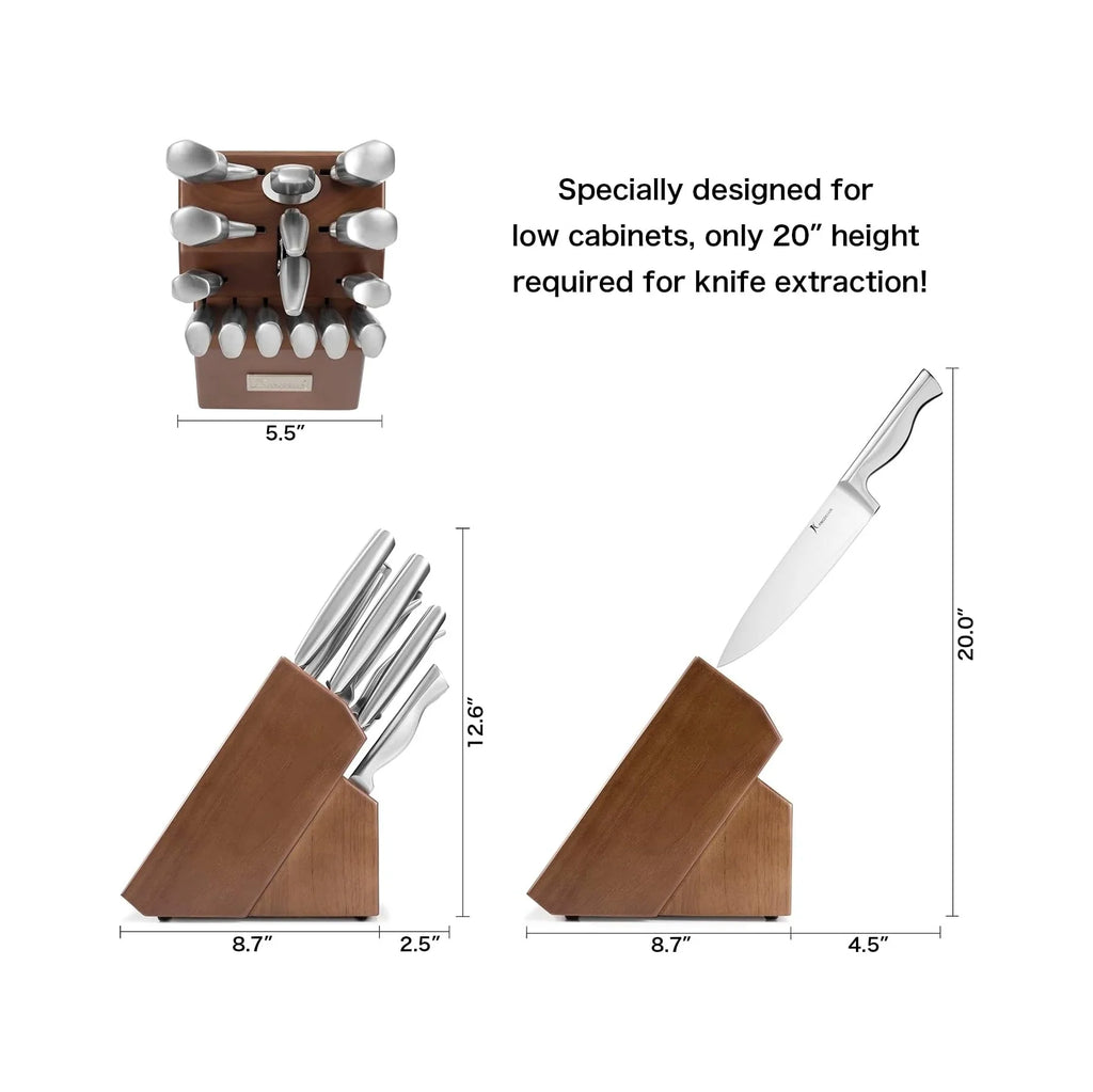 15-Piece Ultra Sharp Kitchen Knife Set with Wooden Block, Exclusive Ergonomic Anti-Slip Handle, High-Carbon 50CR15MOV Steel, Angled Design, Dark Brown Wood Block