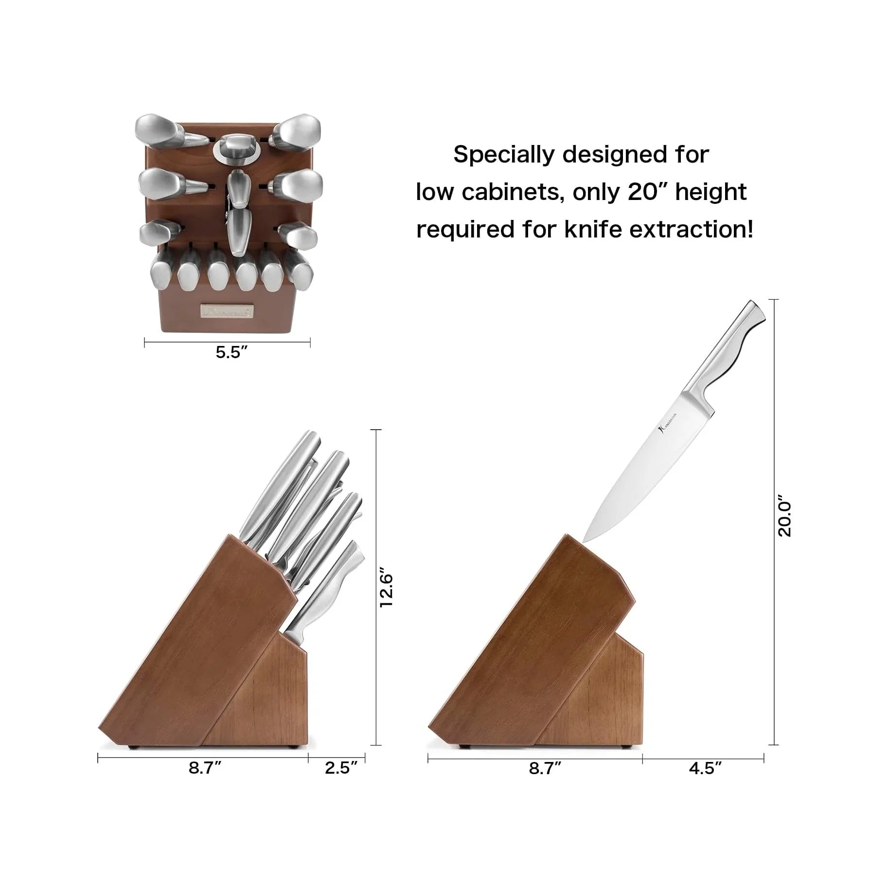 15-Piece Ultra Sharp Kitchen Knife Set with Wooden Block, Exclusive Ergonomic Anti-Slip Handle, High-Carbon 50CR15MOV Steel, Angled Design, Dark Brown Wood Block