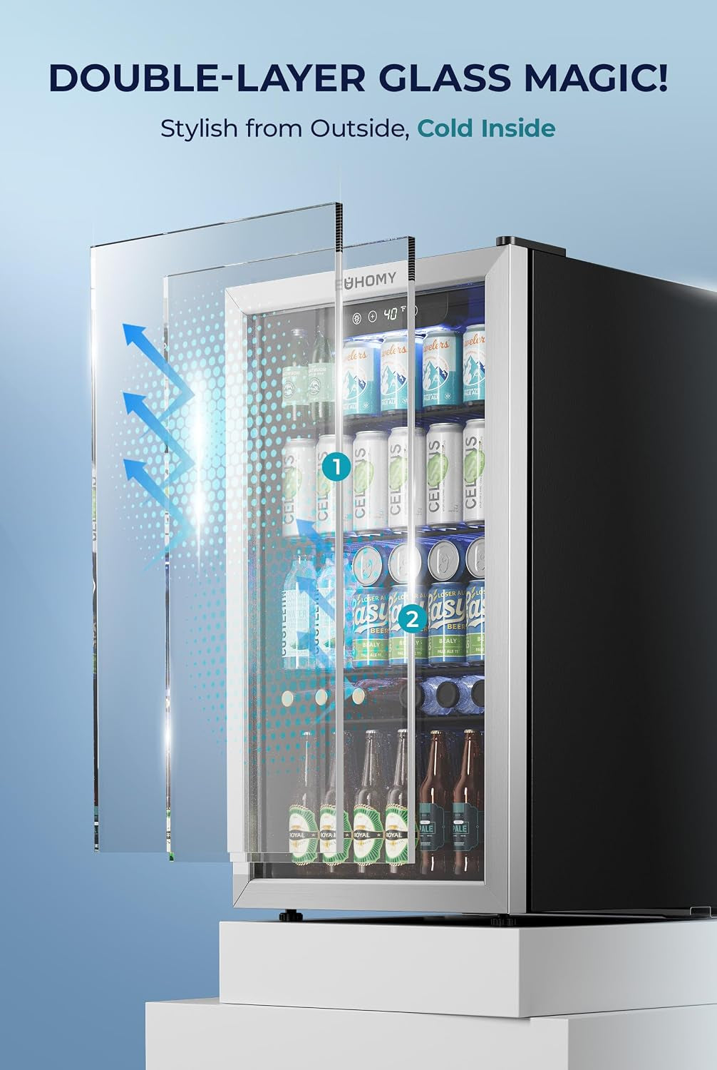 128 Can Mini Fridge, Beverage Refrigerator with Glass Door, Silver