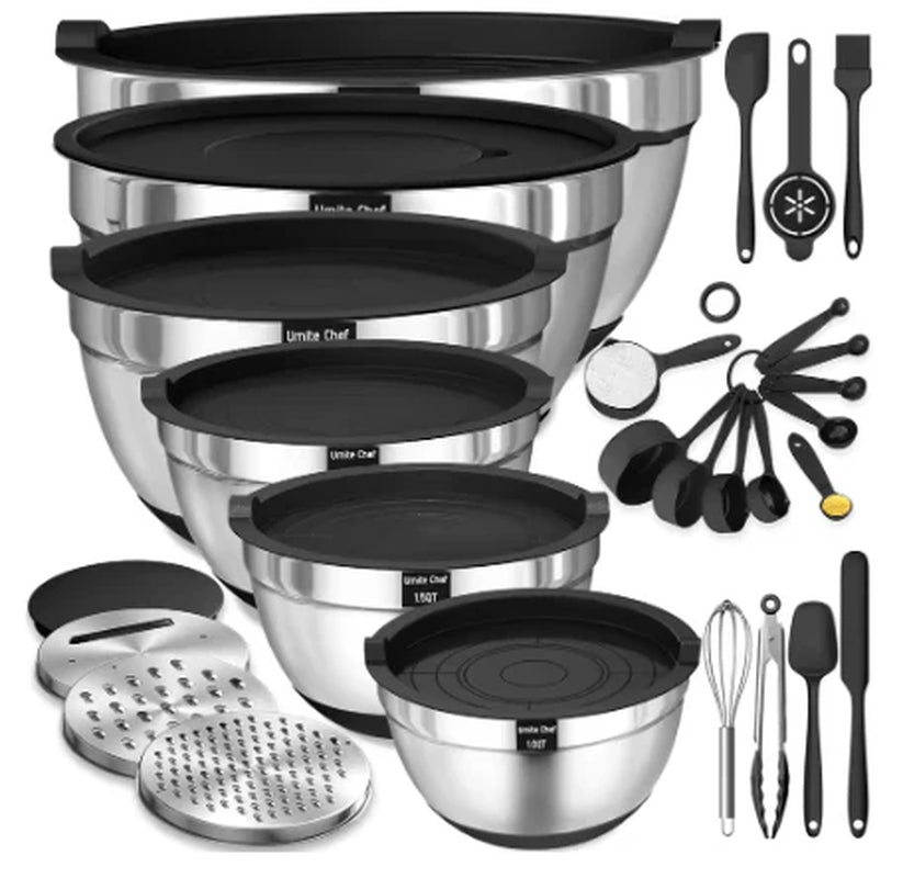 Thickened Heavy-Duty 26Pcs Stainless Steel Bowl, Mixing Bowl Set with Lid, Grater Attachment, Non-Slip Bottom and Kitchen Gadget Set, Sizes 7, 4, 2.5, 2.0, 1.5, 1QT, Ideal for Mixing and Serving