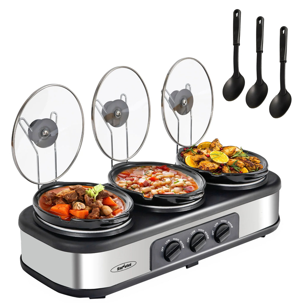 R 3X1.5 Quart 3 Basins Removable Ceramic Pots Food Warmer Stainless Steel Triple Slow Cooker Buffet Serve