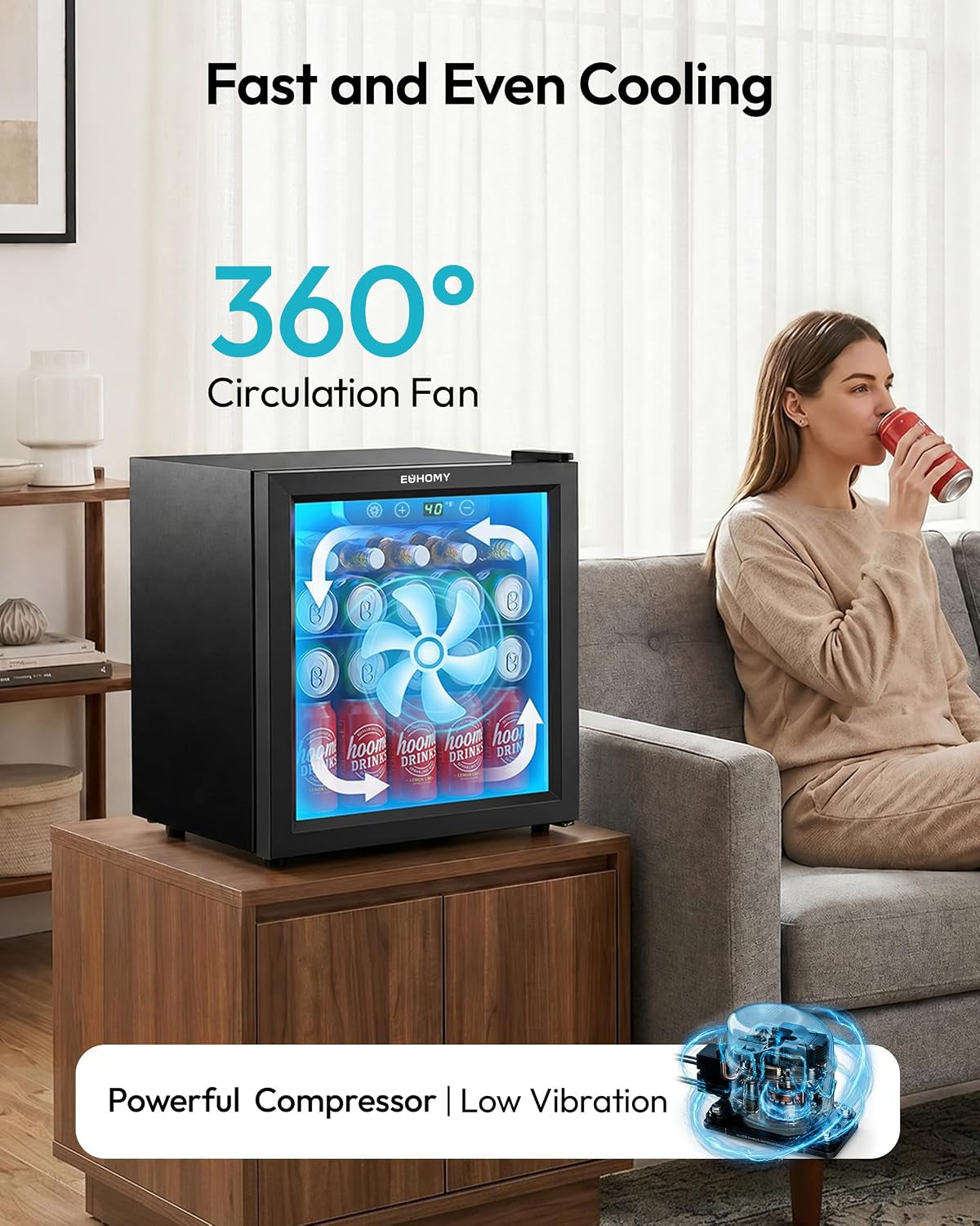48 Can Mini Fridge, 1.3 Cu.Ft Beverage Refrigerator with Glass Door