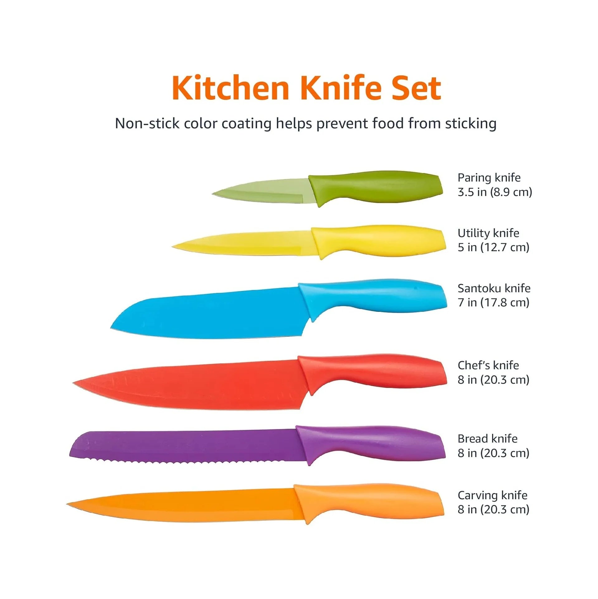 Color-Coded Dishwasher Safe Kitchen Knife Set, 12-Piece with Ergonomic Handles, Non-Stick Sharp Blades, 6 Knives with 6 Blade Guards, Multicolor