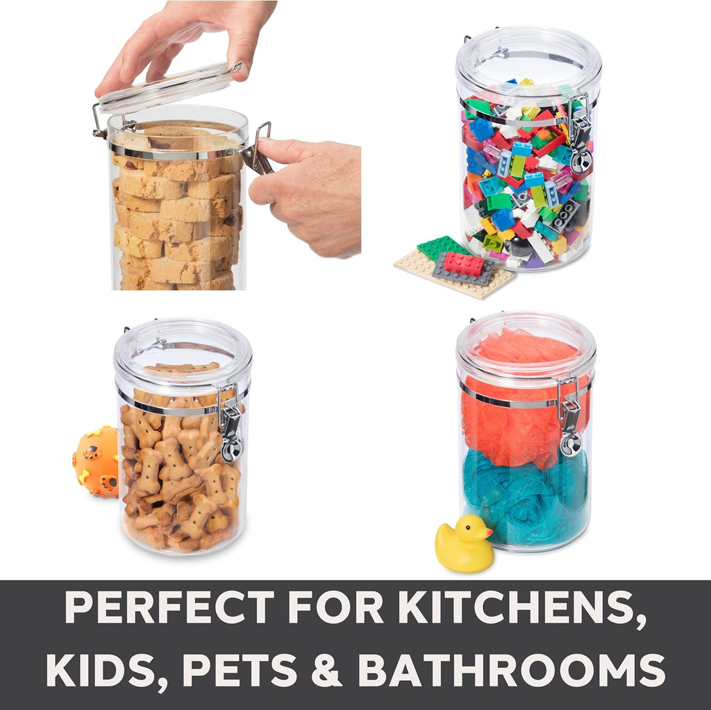 4Pc Clear Canister Set with Clamp Lids Airtight Containers in Sizes Ideal for Kitchen & Pantry Storage of Bulk, Dry Foods Including Flour, Sugar, Coffee, Rice, Tea, Spices & Herbs
