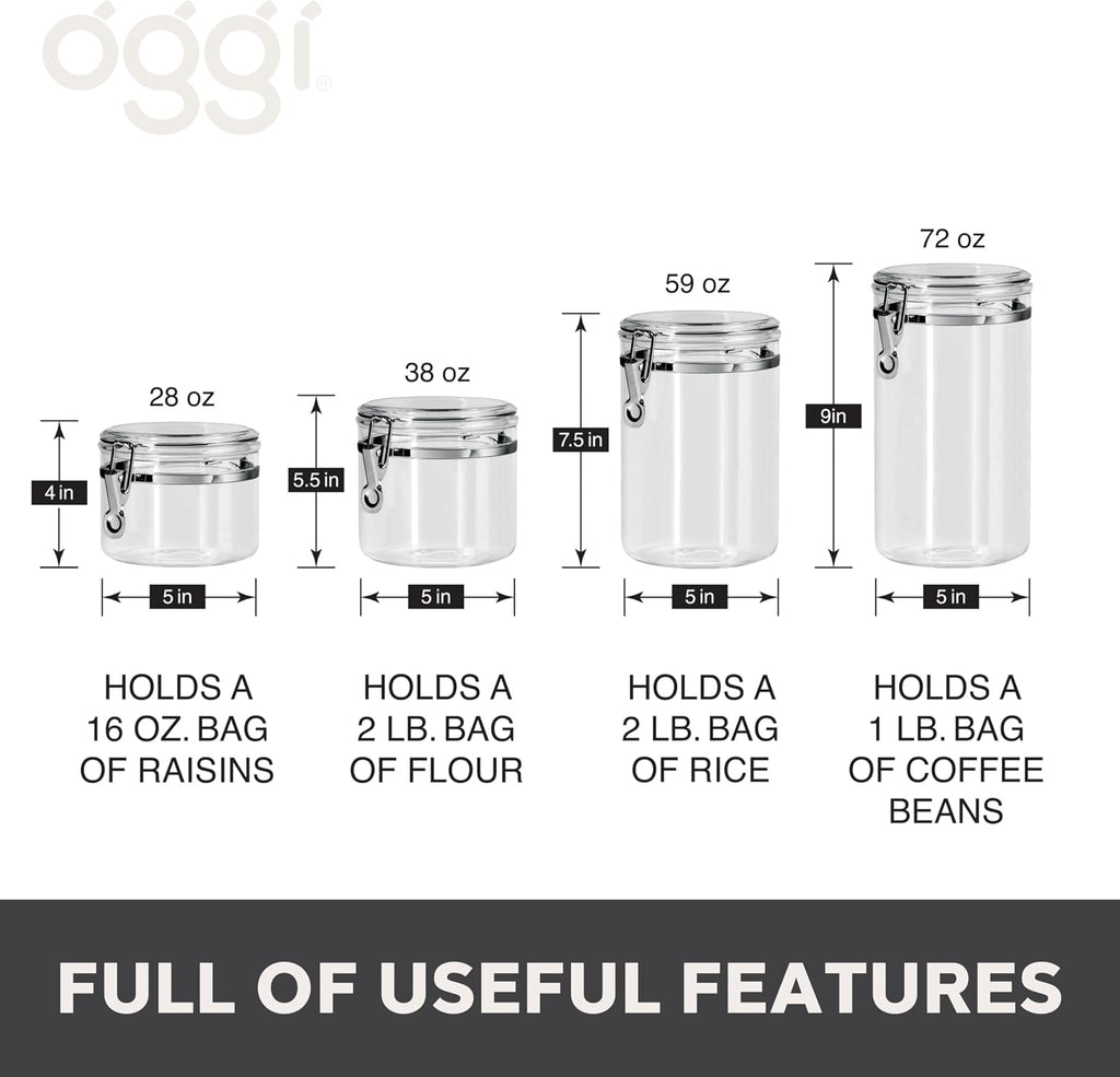 4Pc Clear Canister Set with Clamp Lids Airtight Containers in Sizes Ideal for Kitchen & Pantry Storage of Bulk, Dry Foods Including Flour, Sugar, Coffee, Rice, Tea, Spices & Herbs