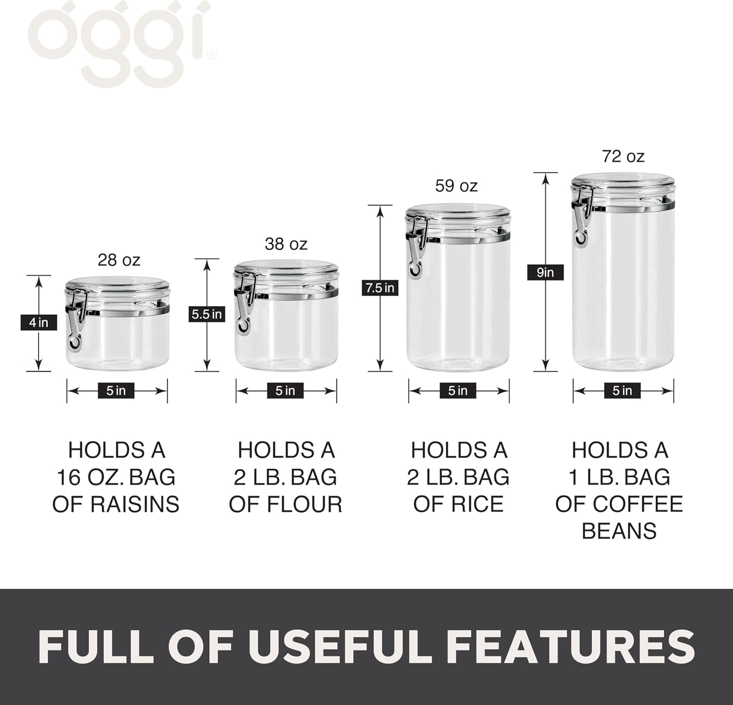 4Pc Clear Canister Set with Clamp Lids Airtight Containers in Sizes Ideal for Kitchen & Pantry Storage of Bulk, Dry Foods Including Flour, Sugar, Coffee, Rice, Tea, Spices & Herbs