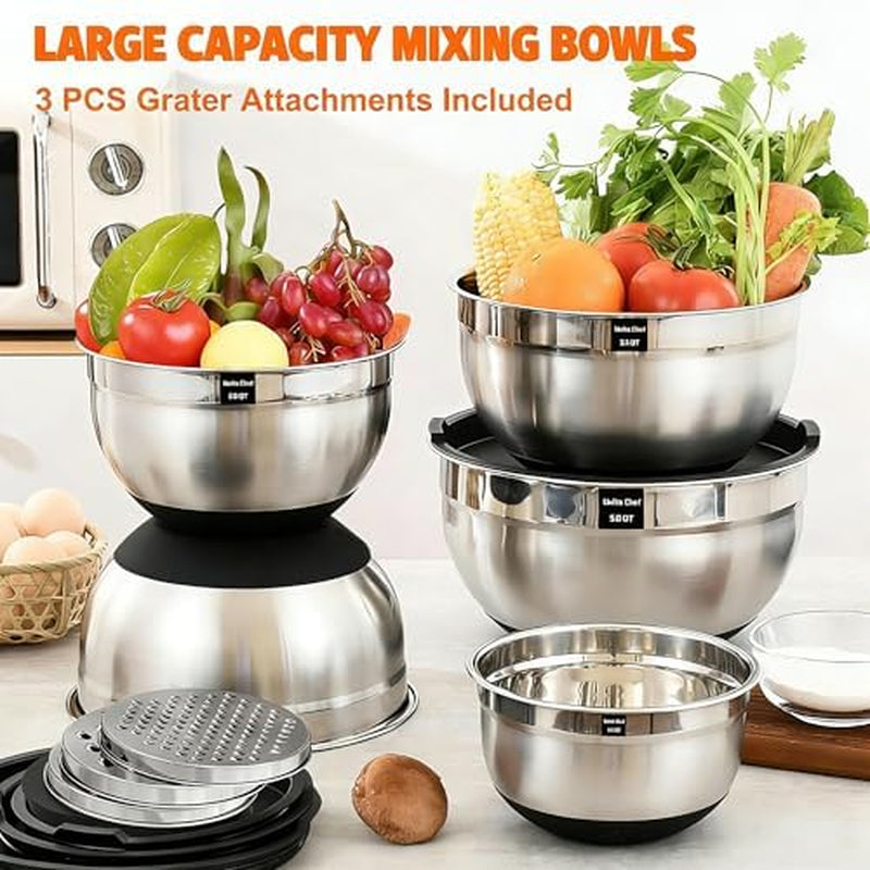 Thickened Heavy-Duty 26Pcs Stainless Steel Bowl, Mixing Bowl Set with Lid, Grater Attachment, Non-Slip Bottom and Kitchen Gadget Set, Sizes 7, 4, 2.5, 2.0, 1.5, 1QT, Ideal for Mixing and Serving