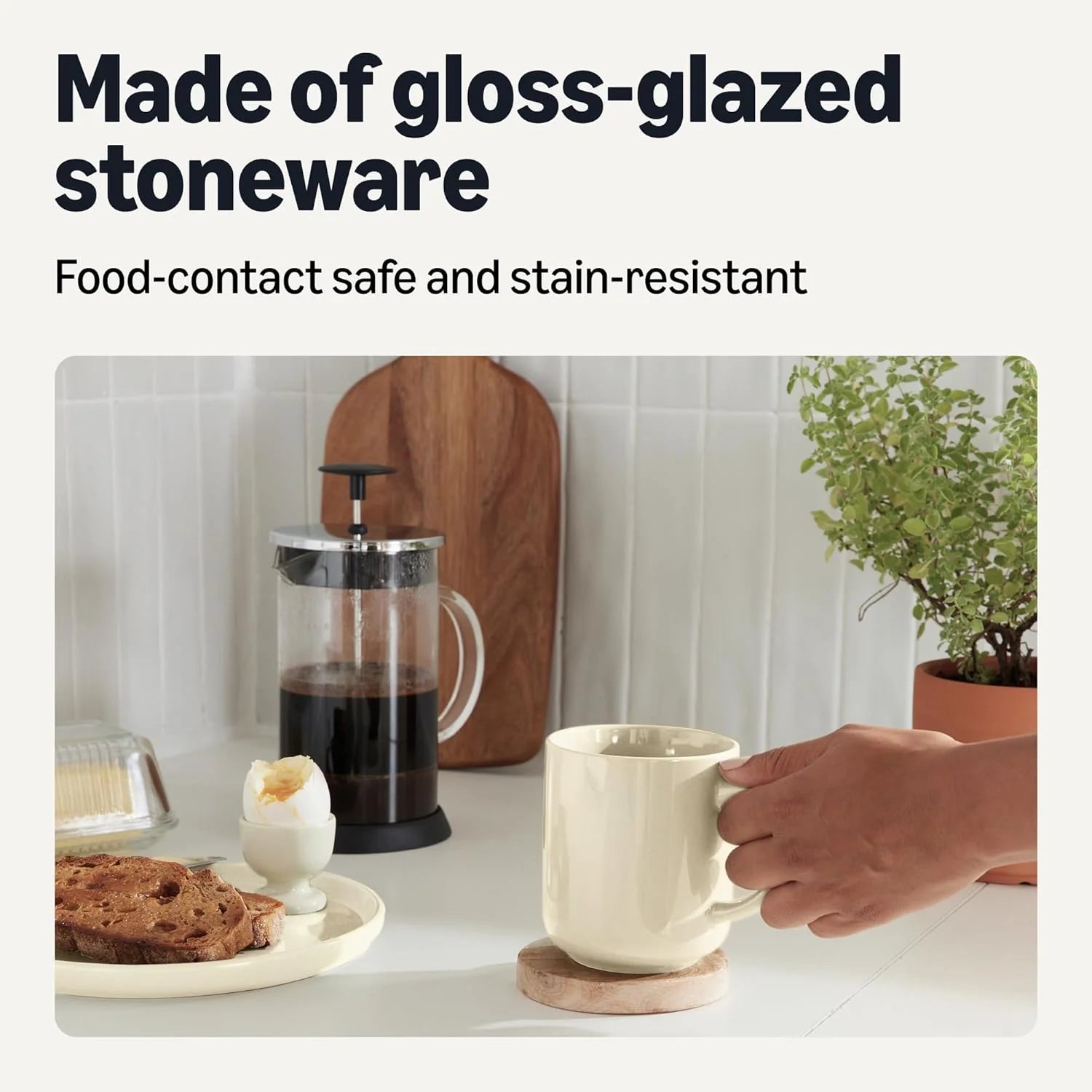 Glazed Stoneware Coffee Mugs, Ceramic 4-Piece Set, 16 Oz, Microwave and Dishwasher-Safe, Ivory
