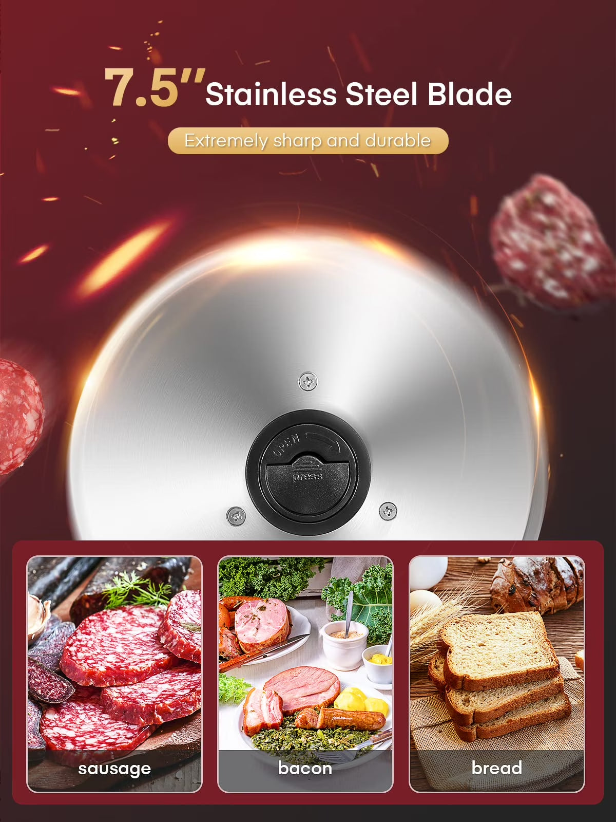 Meat Slicer Electric Deli Food Slicer with 7.5" Removable Stainless Steel Blade, Cuts Meat, Cheese, Bread, Silver