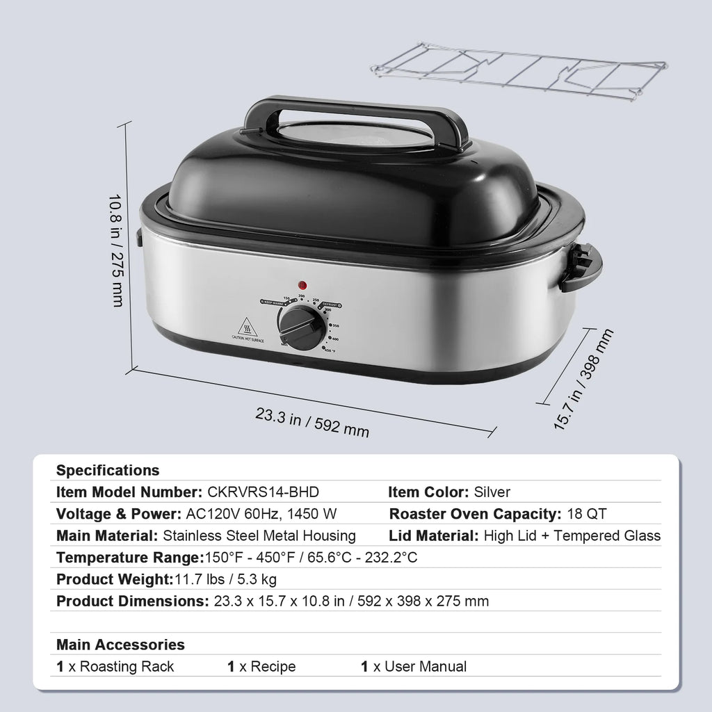 Electric Roaster Oven, 18 QT Turkey Roaster Oven with Self-Basting Lid, 1450W Roaster Oven with Defrost & Warm Function, Adjustable Temperature, Removable Pan & Rack, Fits Turkeys up to 22LBS