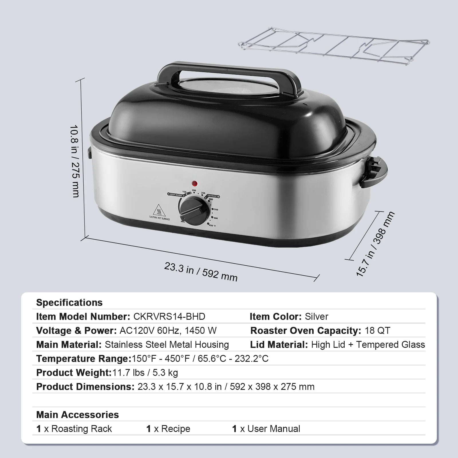 Electric Roaster Oven, 18 QT Turkey Roaster Oven with Self-Basting Lid, 1450W Roaster Oven with Defrost & Warm Function, Adjustable Temperature, Removable Pan & Rack, Fits Turkeys up to 22LBS
