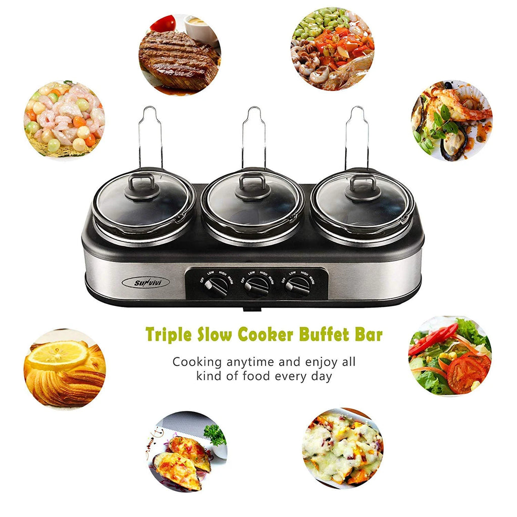 R 3X1.5 Quart 3 Basins Removable Ceramic Pots Food Warmer Stainless Steel Triple Slow Cooker Buffet Serve